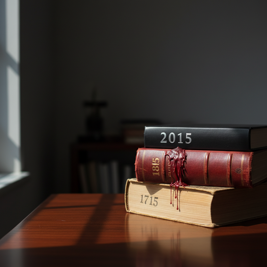 An elegant still life of three stacked books spanning centuries: a cracked vellum-bound volume stamped 1715 at the bottom, a dark, blood-red leather book labeled 1815 in the middle, and a sleek matte-black hardback embossed 2015 on top. They rest on a polished mahogany table against a deep charcoal wall. A narrow shaft of cool afternoon light enters from the left, creating long, refined shadows and a subtle sheen on each distinct texture. A delicate trail of dried crimson wax drips down the spine of the middle book, hinting at violence without being explicit. Photographic realism, composed with the stack on the right third of the frame, leaving negative space and a softly blurred background that suggests a timeless, sophisticated atmosphere.