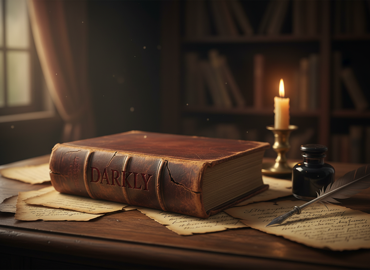 A thick, weathered leather-bound novel titled “Darkly” lying closed on an antique oak writing desk, its spine cracked and edges burnished from centuries of imagined handling. The desk is scattered with yellowed parchment pages, an ink bottle, and a steel-nibbed quill, all resting near a single flickering beeswax candle. Soft, directional golden-hour light falls through an unseen window, catching motes of dust in the air and illuminating the book’s embossed title in deep crimson. The background recedes into velvety darkness with a subtle bokeh of indistinct shelves, creating a mood of sophisticated mystery. Photographic realism, shot at eye level with a shallow depth of field that keeps the novel in sharp focus while everything else falls into a painterly blur.