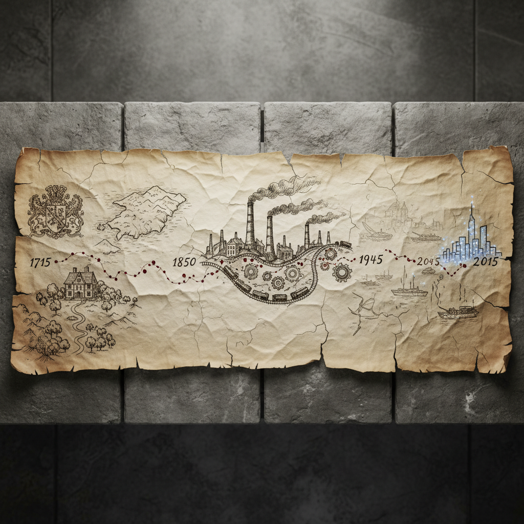 A meticulously detailed map stretching from 1715 to 2015 depicted as a horizontal, aged parchment timeline unfurled across a stone table. On the left, intricately inked coastlines, crests, and a small sketched manor house represent the early 18th century; toward the center, industrial smokestacks and rail lines emerge; on the far right, a faint, minimalist outline of a modern city skyline with subtle lights indicates 2015. Tiny, dark-red ink droplets trace a subtle, meandering path along the timeline. Cold, diffused overcast light falls from above, emphasizing texture in the parchment and stone. Photographic realism, captured in a wide, overhead shot with sharp detail throughout, creating a solemn, sophisticated mood that suggests centuries of love, conflict, and consequence.