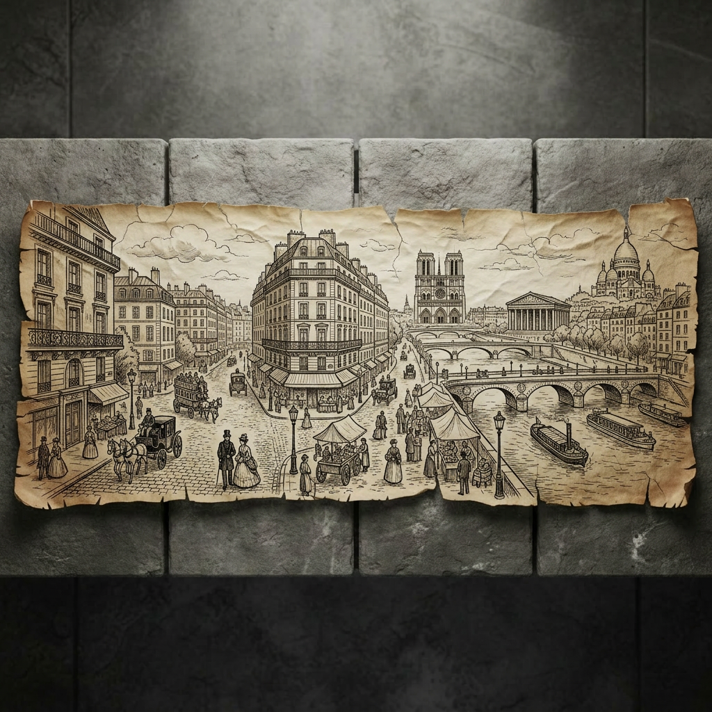 historical fiction A meticulously detailed map stretching from 1715 to 2015 depicted as a horizontal, aged parchment timeline unfurled across a stone table. On the left, intricately inked coastlines, crests, and a small sketched manor house represent the early 18th century; toward the center, industrial smokestacks and rail lines emerge; on the far right, a faint, minimalist outline of a modern city skyline with subtle lights indicates 2015. Tiny, dark-red ink droplets trace a subtle, meandering path along the timeline. Cold, diffused overcast light falls from above, emphasizing texture in the parchment and stone. Photographic realism, captured in a wide, overhead shot with sharp detail throughout, creating a solemn, sophisticated mood that suggests centuries of love, conflict, and consequence.